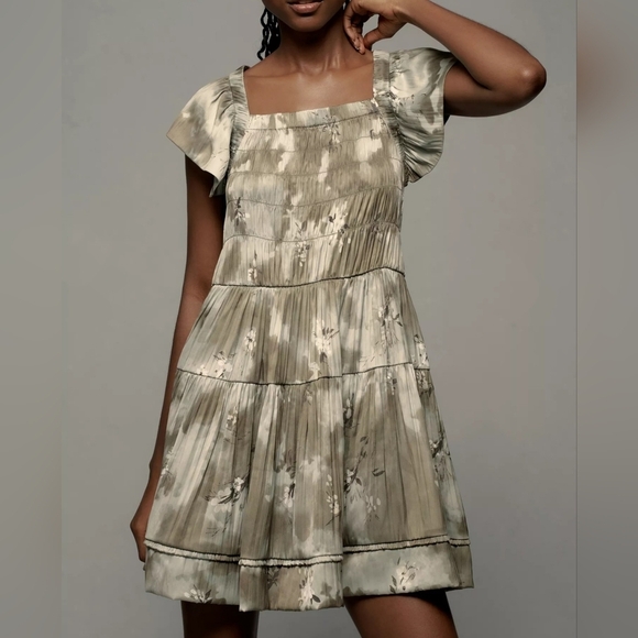 By Anthropologie Women's Flutter-Sleeve Square-Neck Mini Dress, Green Motif, MED - Picture 2 of 11